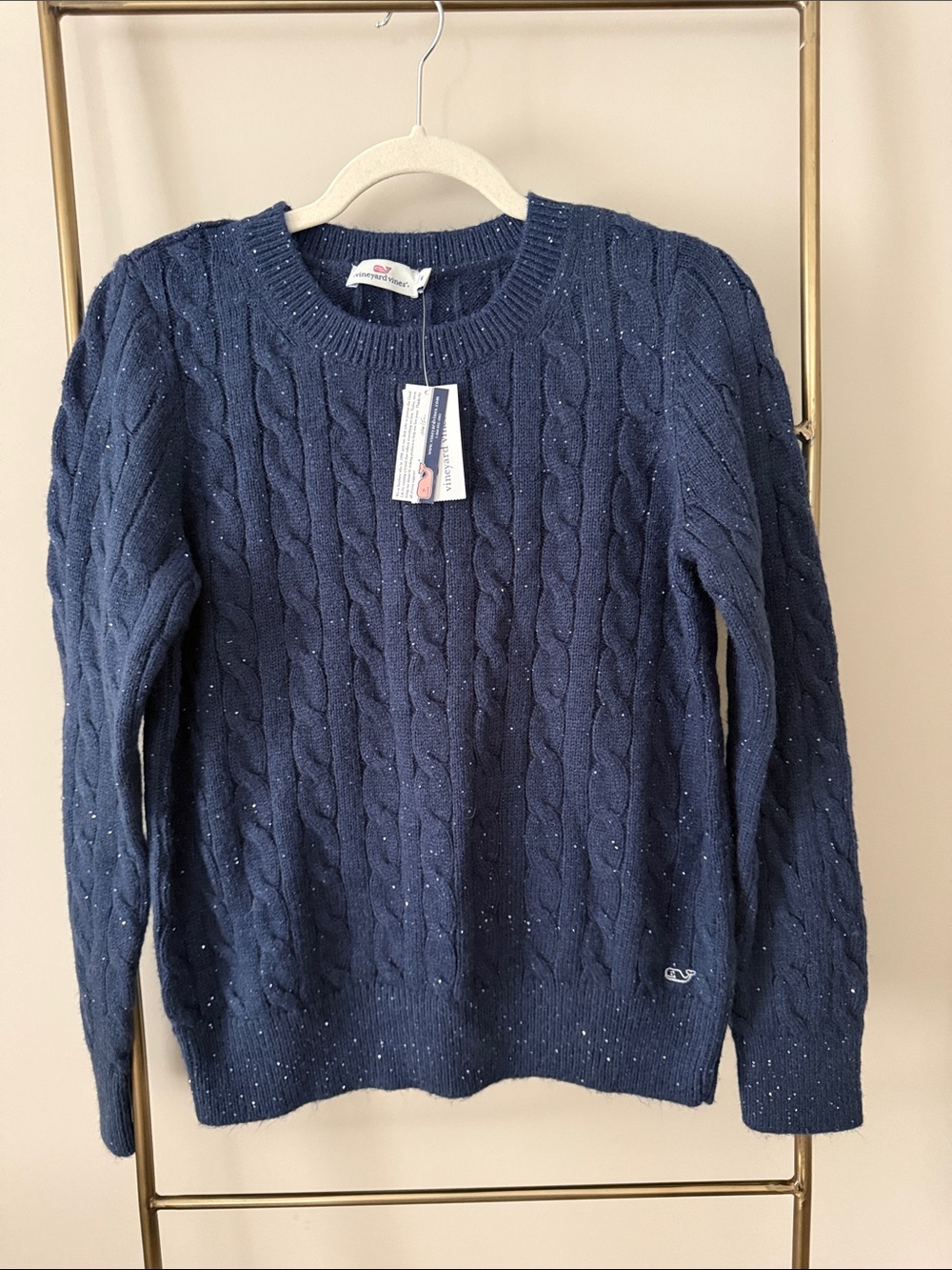 Vineyard Vines Navy Cable-Knit Crewneck with Metallic Flecks